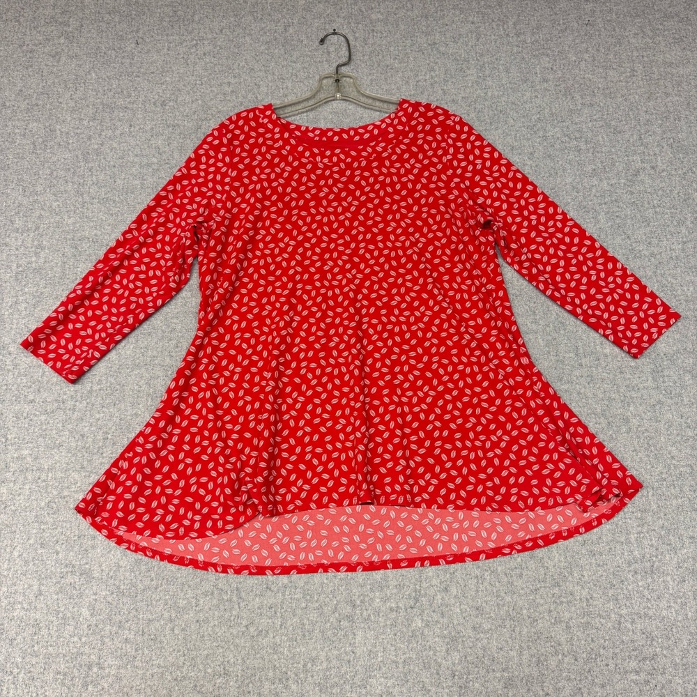 Anne Klein | High Low Tunic | Medium | Red White | Abstract Leaf Print Crewneck